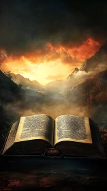 Ancient illuminated book before fiery mountain horizon.