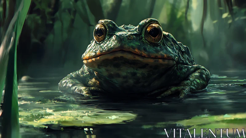 Emerald-eyed frog rests in a misty forest pond at dusk