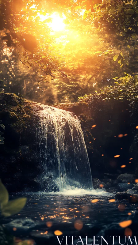 Volumetric forest waterfall under refracted dusk illumination.