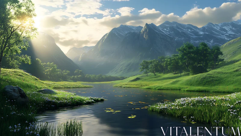 Sunlit alpine river winding through serene green valley.