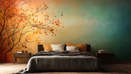 Bedroom interior with autumn tree mural and warm gradient wall.