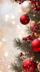 Red and gold Christmas baubles glow on a festive tree.