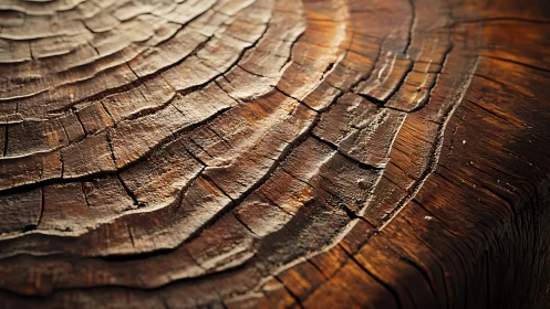 Close-up of tree rings on aged wood in warm natural lighting.