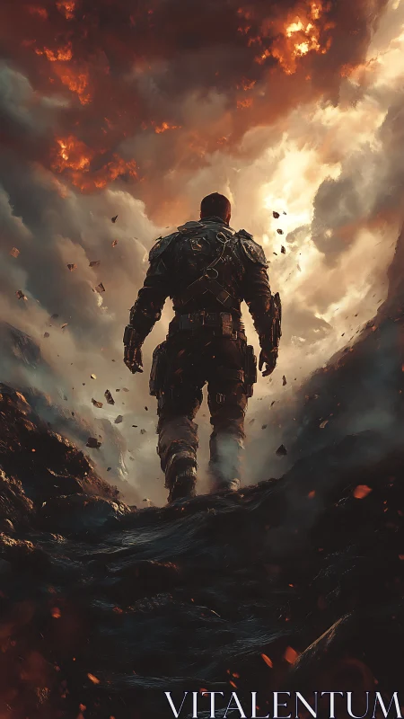 Cinematic digital warrior in volcanic ascent composition.