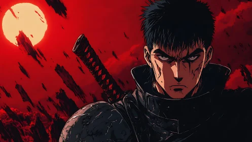 Lone swordsman under a furious red moon sky.