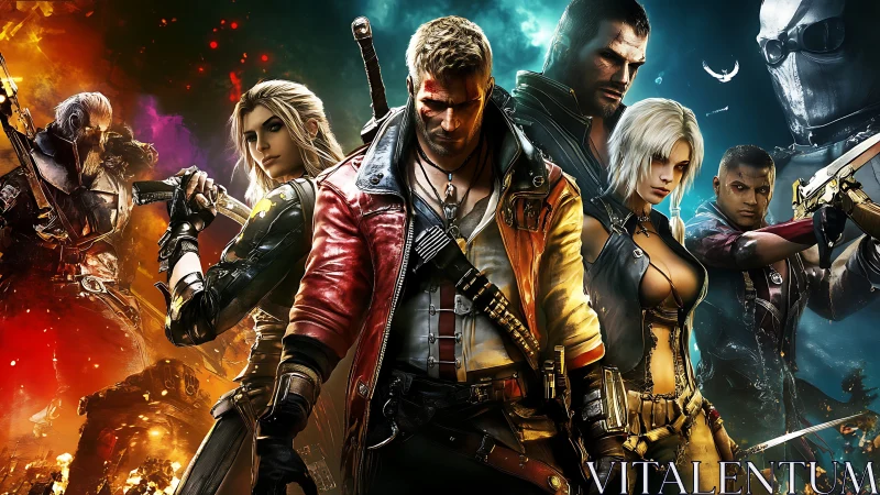 High-contrast squad of stylized warriors under tri-color lighting gradients