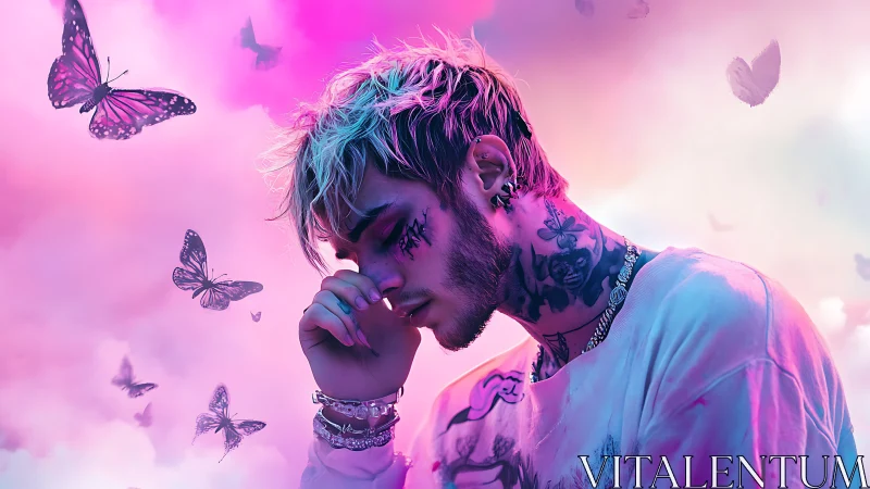 Tattooed dreamer grieves beneath neon clouds and butterflies