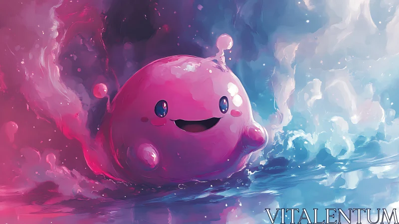 Pink slime creature in vibrant blue and magenta water scene.