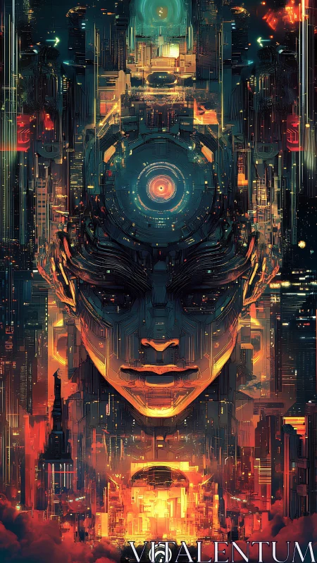 Cybernetic deity overlooks burning neon megastructure