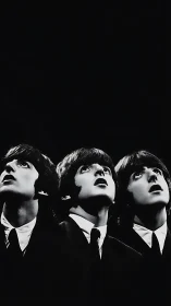 Monochrome studio portrait triptych with upward gaze emphasis.