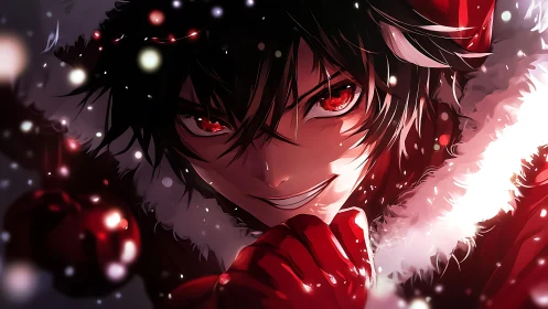 Dark-eyed anime Santa smirks through swirling winter lights.