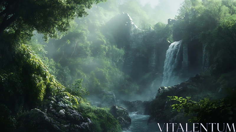 Lost Temple Waterfall Concealed in Misty Jungle.