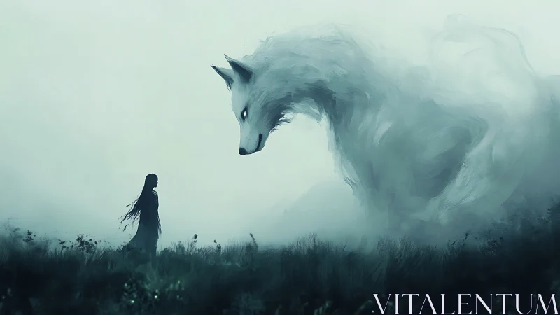 Girl facing giant spectral wolf in misty grassland field.