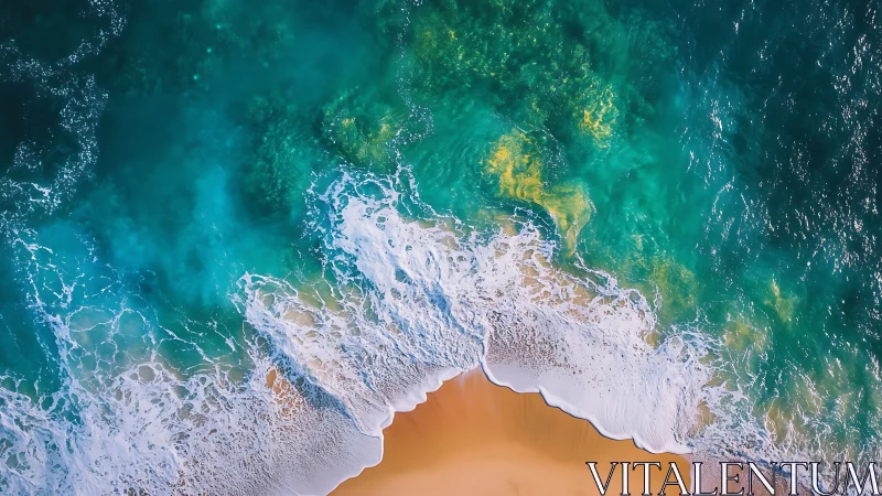 Tumbling turquoise waves sketch bright foam lace on sand