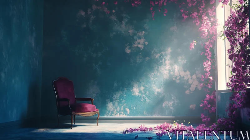 Velvet ghost chair basking in a doorway of runaway flowers.