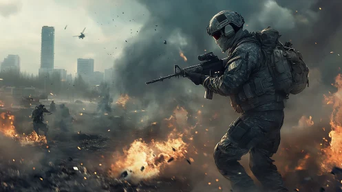 Urban fireline warrior strides through smoke and embers.