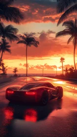 Red supercar glides along wet coastal road at neon sunset