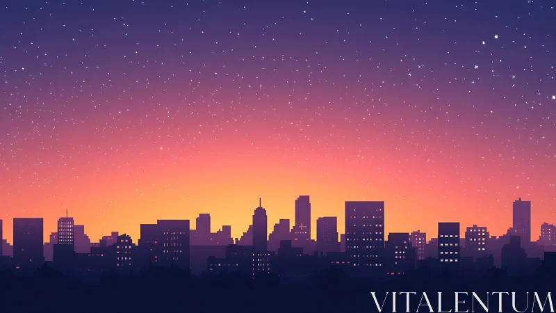Starlit city skyline melting into a neon dusk horizon glow.