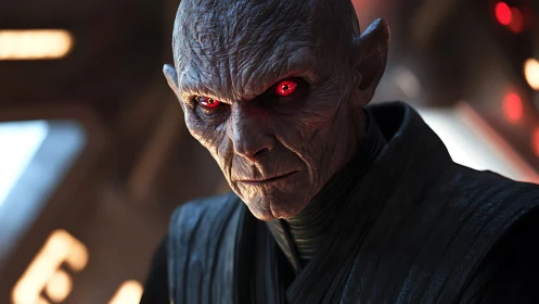 Glowing-eyed alien leader holds a steady, unsettling gaze