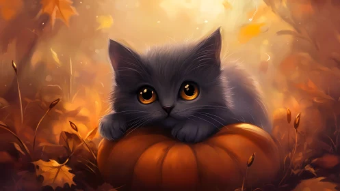 Black Cat with Golden Eyes Rests on Glowing Autumn Pumpkin