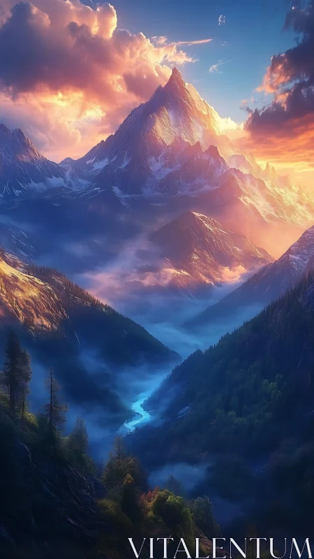 Epic sunrise over jagged snowy mountain and river valley.