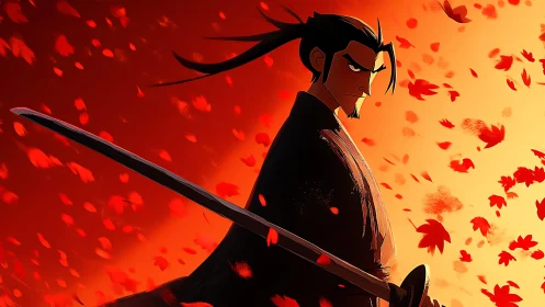 Samurai silhouette amid kinetic autumn leaf vortex field.