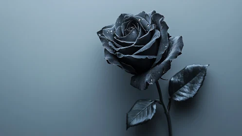 Photorealistic monochrome rose with dewdrops on minimal field.