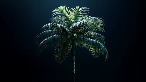 Isolated palm tree under dramatic rim lighting on black stage.