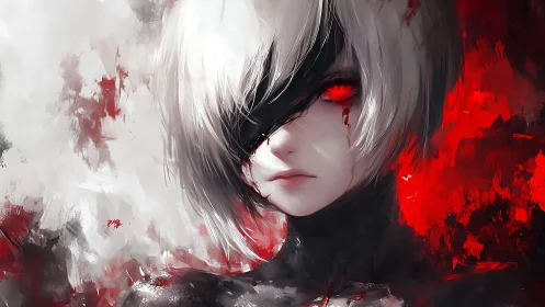Silver‑haired android with bleeding red eyes stands defiant.