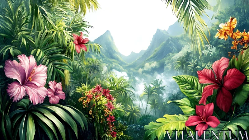 Lush tropical valley with vivid hibiscus and misted peaks.