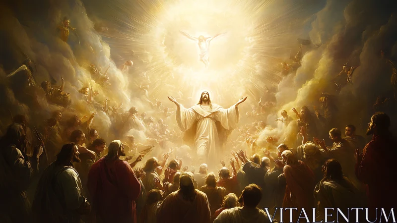 Radiant heavenly gathering around a rising savior figure.