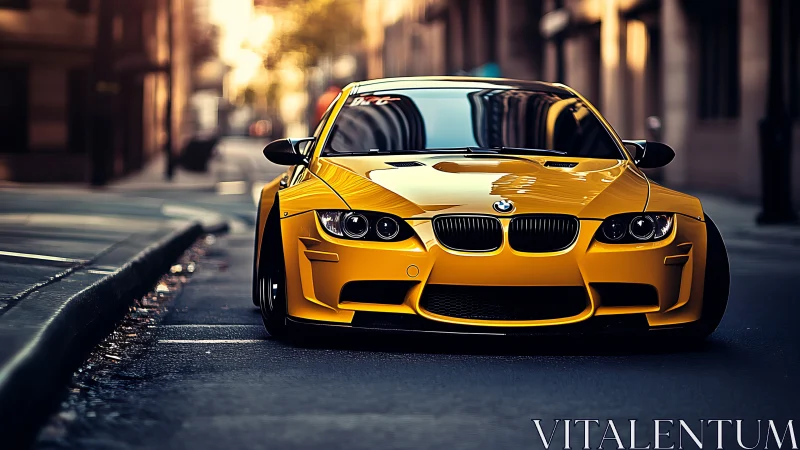Yellow BMW sports car parked on empty city street at dusk.