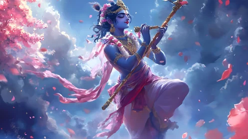 Divine blue figure plays a flute amid swirling petals and light