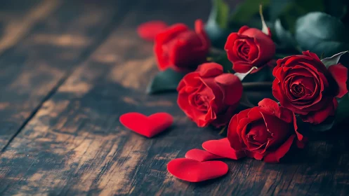 Red Roses with Heart Petals on Rustic Wood.