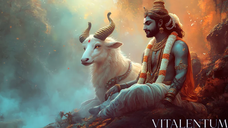Divine blue-skinned figure with white bull in misty forest glow.