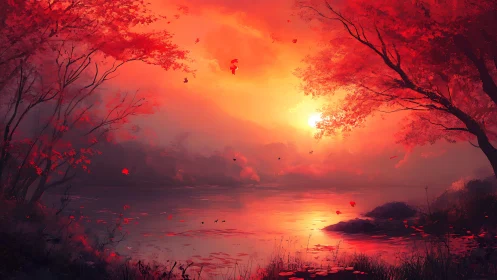 Red forest shoreline with sun over calm reflective water.