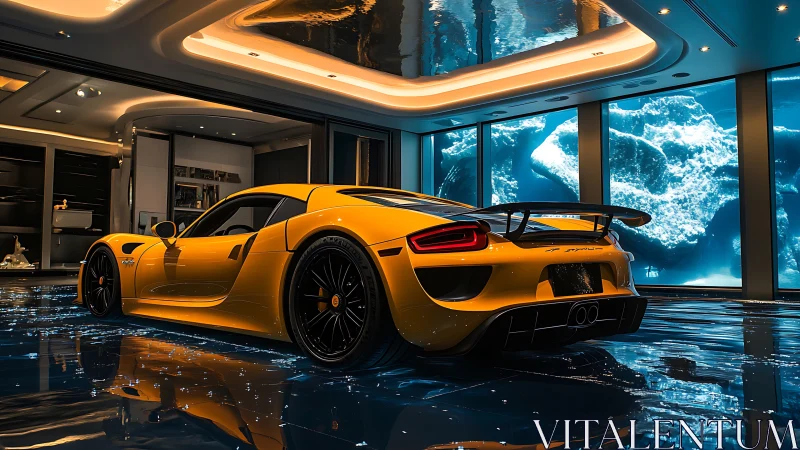 Yellow supercar glows in a luxurious underwater-style showroom