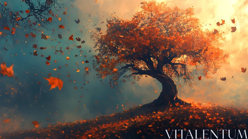 Storm-tossed autumn tree blazing against a dreamlit sky.