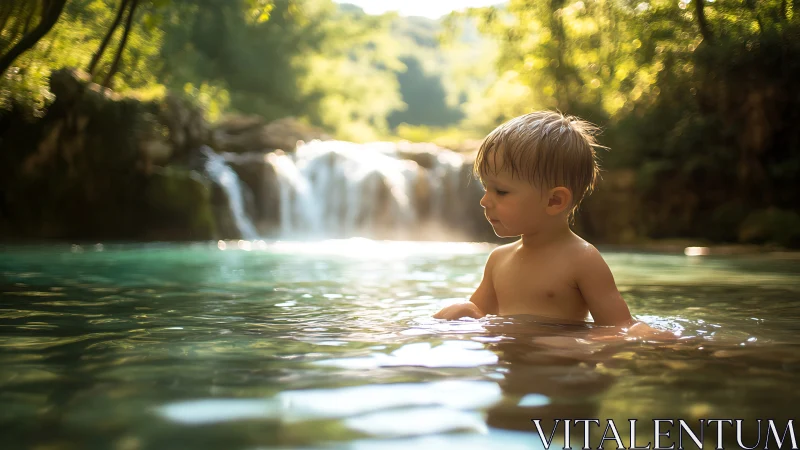 Child bathing in emerald pool beneath cascading waterfall in sunlit forest.