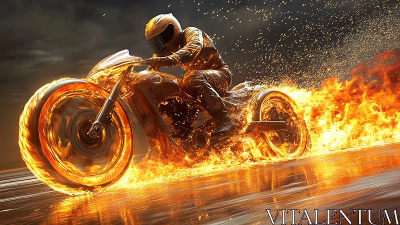 Flaming cyber rider cutting through stormy nightscape.