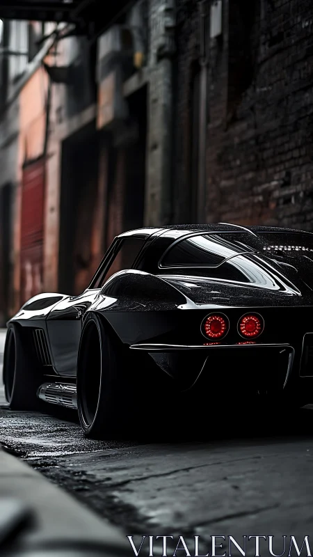 Black classic sports coupe in narrow urban alley at dusk.