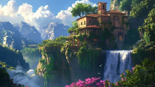 Mansion on Cliff with Waterfall and Mountain Valley.