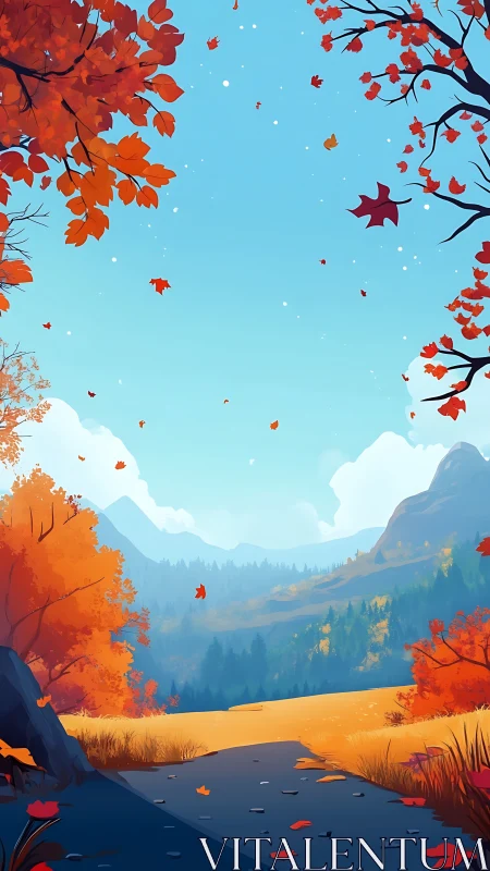 Vertical autumn valley landscape with falling foliage and path