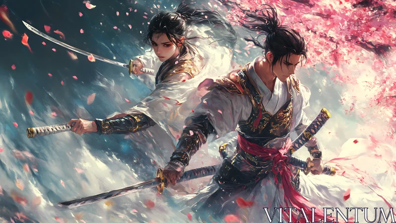 Dual sword warriors under cherry blossoms in battle.