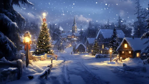 Snow-covered village street with illuminated Christmas tree.