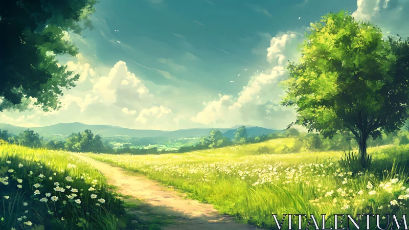 Sunlit meadow path hums softly beneath drifting clouds