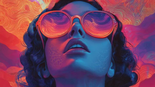 Neon-lit portrait with reflective sunglasses and fluid waves.
