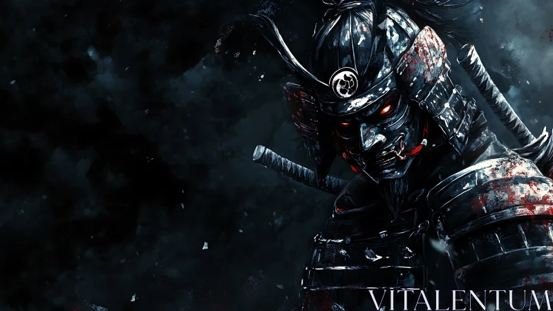 Armored demon samurai glares from swirling midnight storm.