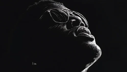 Monochrome line portrait depicts upward facing sunglass wearer