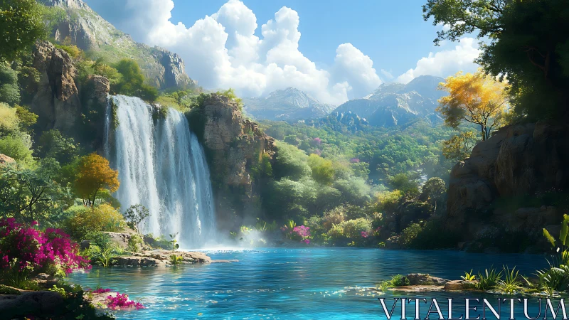 Luminous mountain waterfall beside crystalline turquoise lagoon.